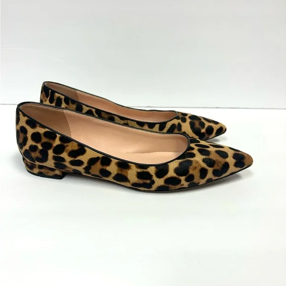 J Crew Leopard Print Shoes Women 9 Calf Hair Ballet Flats Pointed Toe Tan Brown - Picture 2 of 14